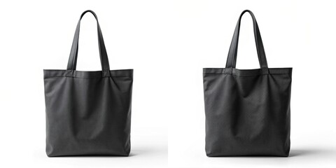 Side and front views of black tote bag mockup on white background
