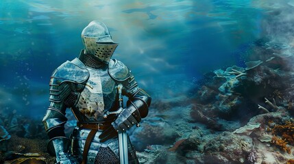 Medieval knight's armor on the seabed flat design side view, historical fantasy, water color, triadic color scheme 