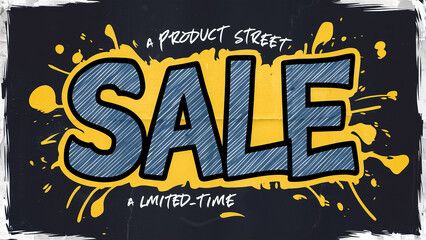 Word "SALE" written in blue denim with playful paint splatters on a dark background