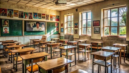 Image of empty classroom with child labor posters on walls