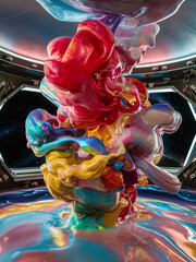 A vibrant abstract sculpture against a futuristic spaceship interior with space views.
