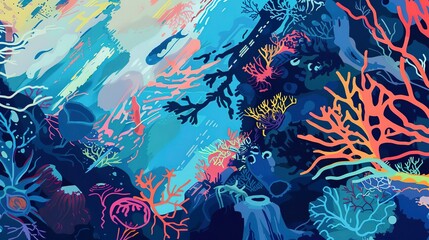 Bio-engineered coral reef flat design side view, futuristic oceans, water color, triadic color scheme 