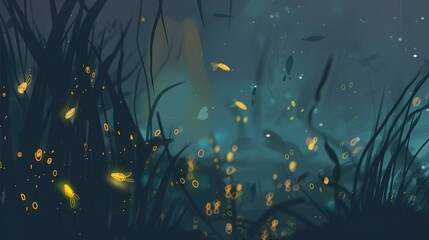 Underwater fireflies flat design side view, magical realism, animation, monochromatic color scheme 