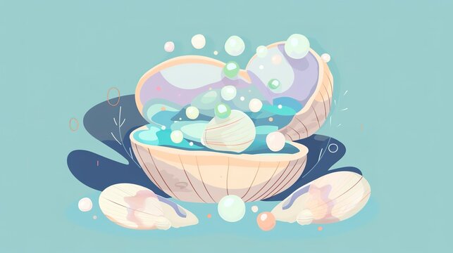 recommend clip art: Magical pearls in clams flat design front view, magical realism, cartoon drawing, split-complementary color scheme 