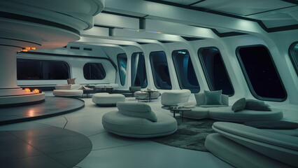 Futuristic lounge area inside spaceship with large windows displaying outer space. Modern, curved furniture and ambient lighting.