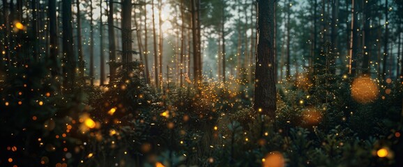 Abstract Twilight Forest With Glowing Fireflies And Mist, Background