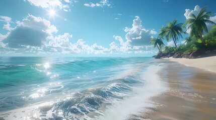 A 3D rendering of a serene beach with crystal clear waters, white sand, and palm trees. The scene is bright and sunny with gentle waves lapping at the shore