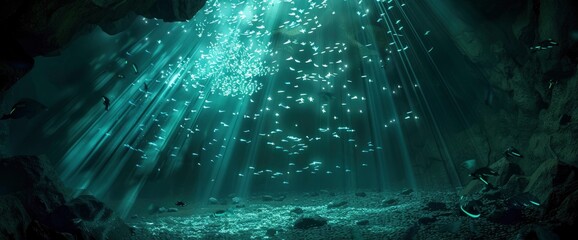 Abstract Underwater Cave With Bioluminescent Fish, Background
