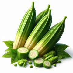 Fototapeta premium close up portrait of realistic detailed natural ladyfinger with green leafs ,water on the ladyfinger,3D coloured ,png, on white background 