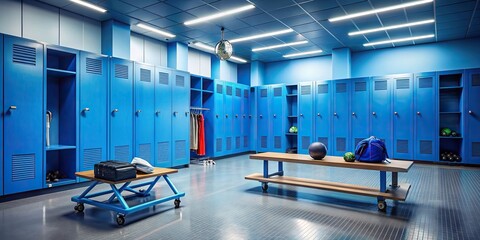 Sports equipment in a blue empty locker room, low angle view