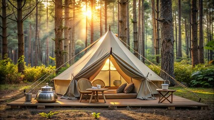 Luxury glamping tent with elegant teapot surrounded by trees in the forest