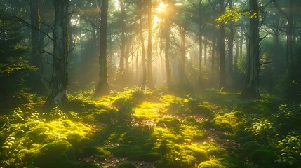 A 3D rendering of a serene forest at dawn, with sunlight filtering through the dense canopy of tall trees, casting long shadows and creating a mystical atmosphere.