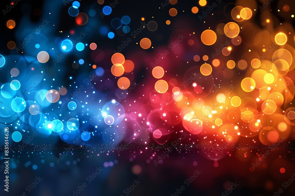 Poster glowing particle dots with colorful dots in abstract background, concept of light shining sparkling 