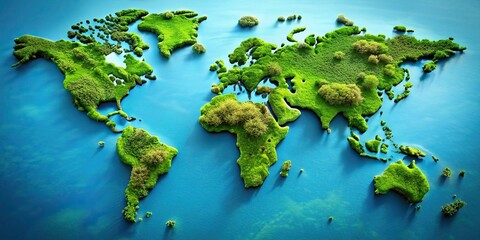 Lush world map made of moss and greenery against a blue background representing water