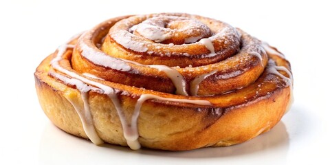 Close-up of a freshly baked cinnamon roll on a white background