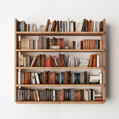 A wooden bookshelf filled with various books