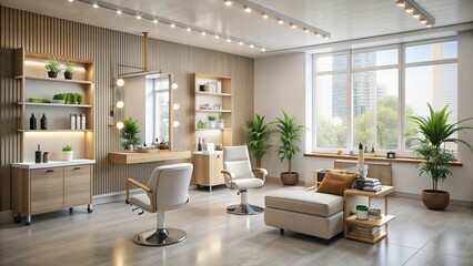 Minimalist and modern beauty salon interior with various skincare tools and equipment