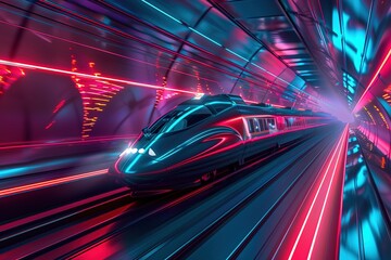 Futuristic high-speed train speeding through a neon-lit tunnel, concept of modern transportation and technology