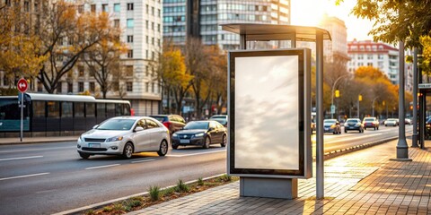 Front view mockup concept blank poster in a city traffic setting