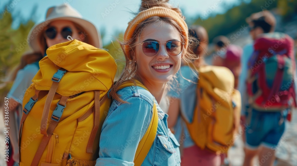 Wall mural A woman with a yellow backpack and a yellow hat is smiling, hike concept