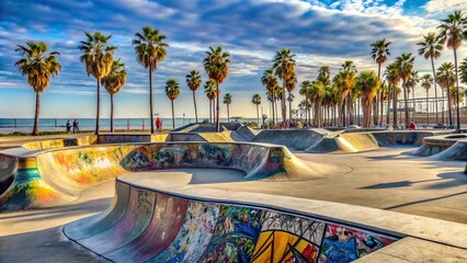 Empty skateboard ramp at Venice Beach with graffiti wall in the background
