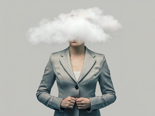 Person in gray suit with cloud obscuring head, symbolizing confusion or clouded mind.