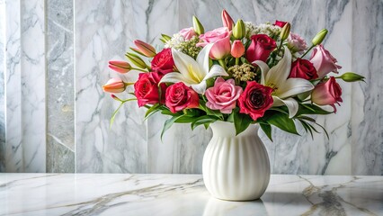 Elegant bouquet of roses and lilies in a white ceramic vase on a marble countertop