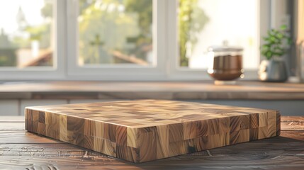 Old cutting board in a brown, dark wooden product table with perspective interior.