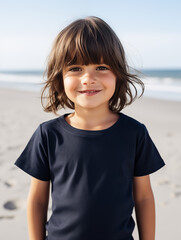 Young girl child kid navy blue tee t-shirt t shirt mockup mock-up, mock up at the beach