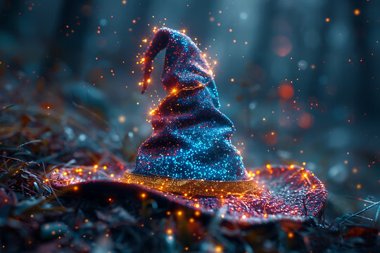 A classic witch's or wizard's hat with a pointed top, featuring a traditional conical design, symbolizing magic and sorcery, set against a mystical background
