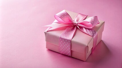 Sweet pink pastel color present box with ribbon and bow on pink background