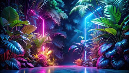 Luminous vaporwave jungle backdrop with tropical plants and glowing neon colors