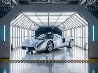 Obraz premium Sleek, futuristic silver sports car displayed in well-lit, modern showroom with metallic and industrial design.