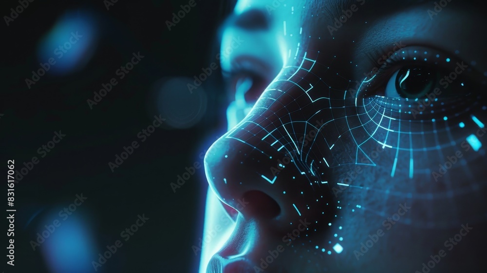 Poster a scanner scanning a persons face representing the use of biometric technology in digital identity v