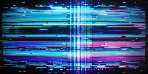 A stock photo of VHS noise and glitch effect with hacked PC video damage on a black background