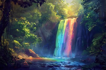 Cascading rainbow waterfall emoji in a lush forest
