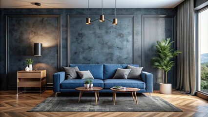 Elegant living room with tiny blue and navy couch, featuring accent wall in deep black plaster stucco microcement