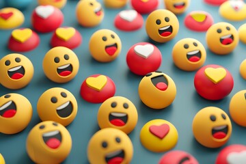 A colorful pattern of happy emoji faces and heart symbols on a teal background, creating a cheerful vibe