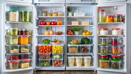 Neatly arranged fridge shelves with storage containers