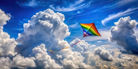Beautiful kite soaring against a backdrop of fluffy white clouds, representing leisure and relaxation