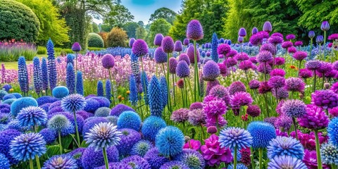 Field of vibrant blue and purple flowers in a garden