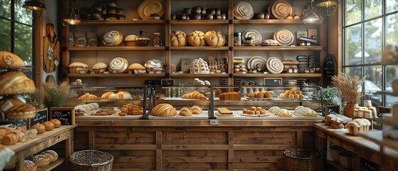 A bakery with freshly baked bread, croissants, and pastries displayed in glass cases. The bakery has a warm, inviting ambiance with rustic wooden shelves. HD realistic look captured by an HD camera - Powered by Adobe