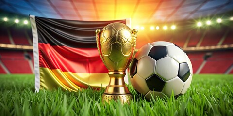 Vibrant soccer ball, trophy, and grass on Germany flag-themed background