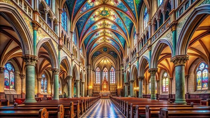 Gorgeous catholic cathedral interior with intricate stained glass windows and ornate columns - Powered by Adobe