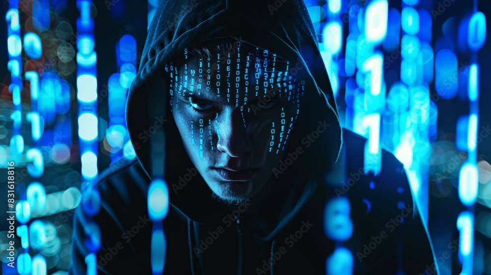 Poster a man with a hoodie on and a face with a mask on that has a lot of numbers on it, hacker and digital