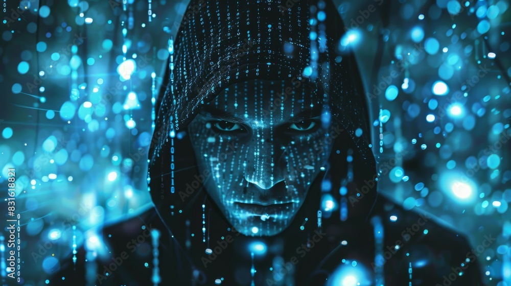 Poster a man is wearing a hoodie and standing in front of a blue background, hacker and digital code concep