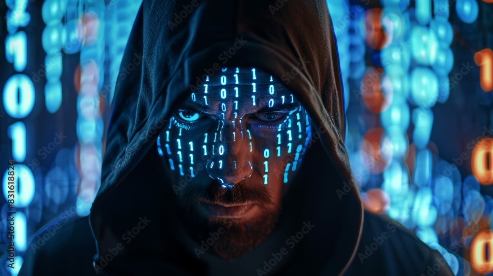 Poster a man with a hooded sweatshirt on and a face with a blue light on it, hacker and digital code concep