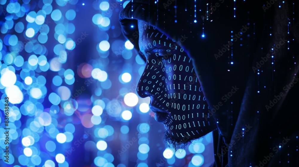 Poster a man's face is projected onto a blue background with a black hoodie, hacker and digital code concep
