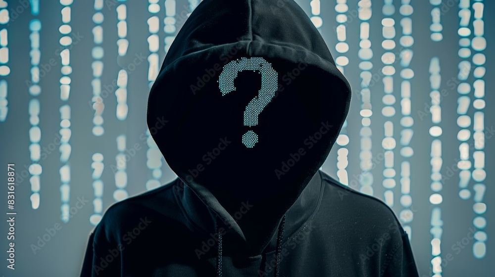 Poster a hooded person with a question mark on their face, hacker and digital code concept