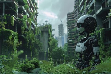 Fototapeta premium Futuristic robot exploring an overgrown cityscape in a cinematic scene